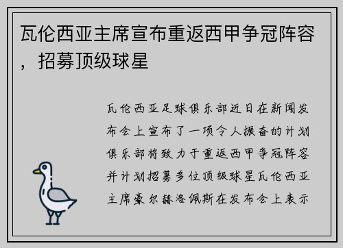 瓦伦西亚主席宣布重返西甲争冠阵容，招募顶级球星