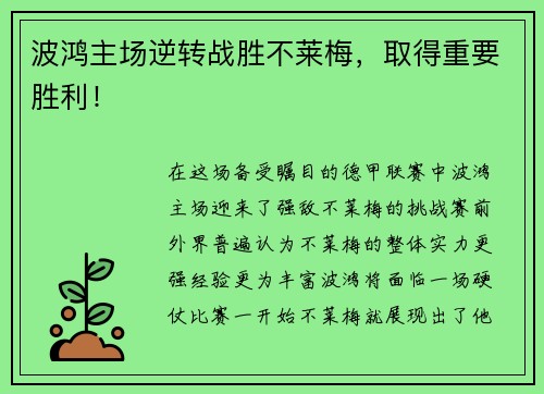 波鸿主场逆转战胜不莱梅，取得重要胜利！